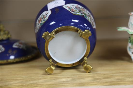 A Derby cornflower pattern butter tub, cover and stand